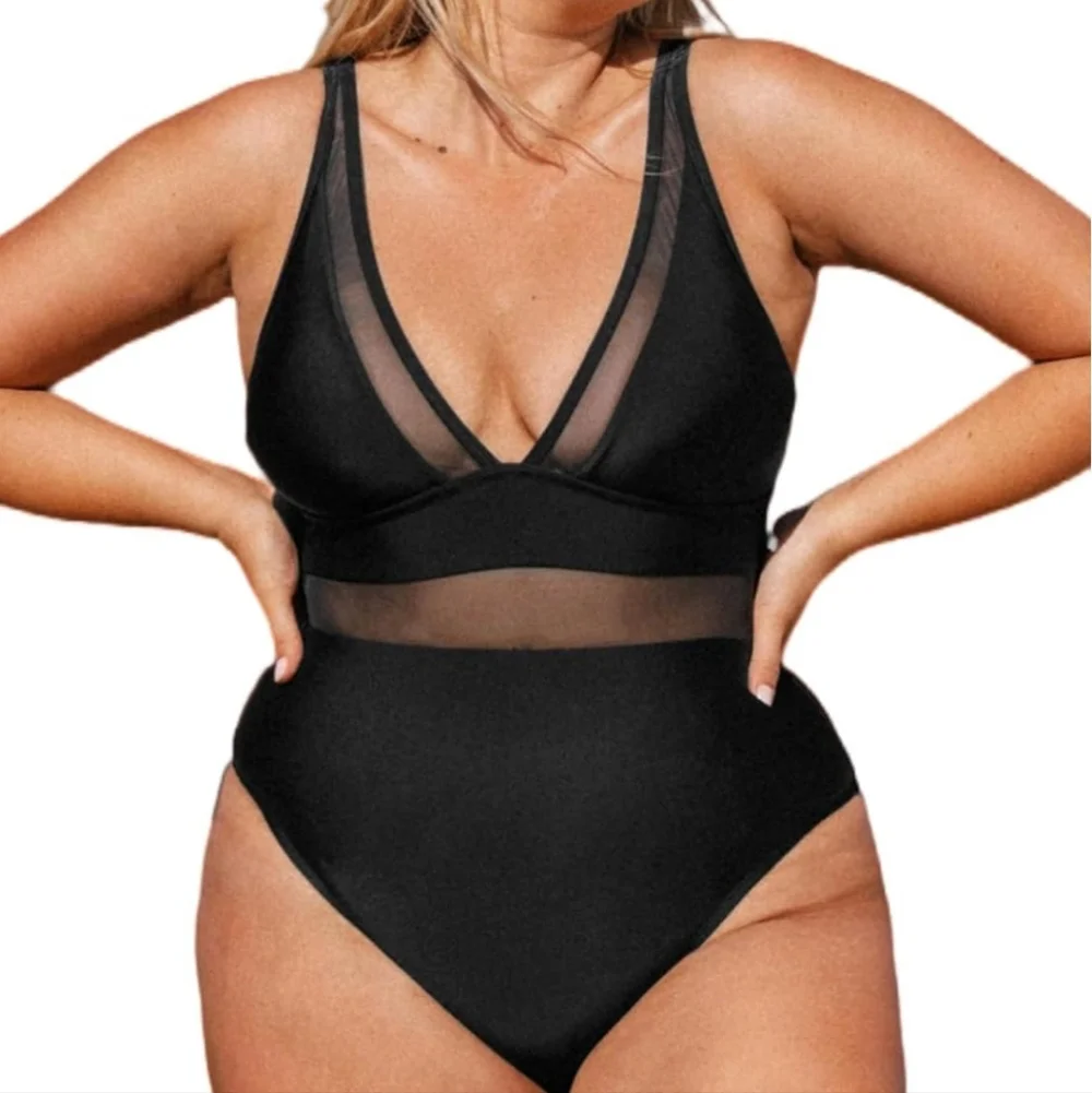 Low Cut Black One Piece Bathing Suit With Mesh - Picture 1 of 8